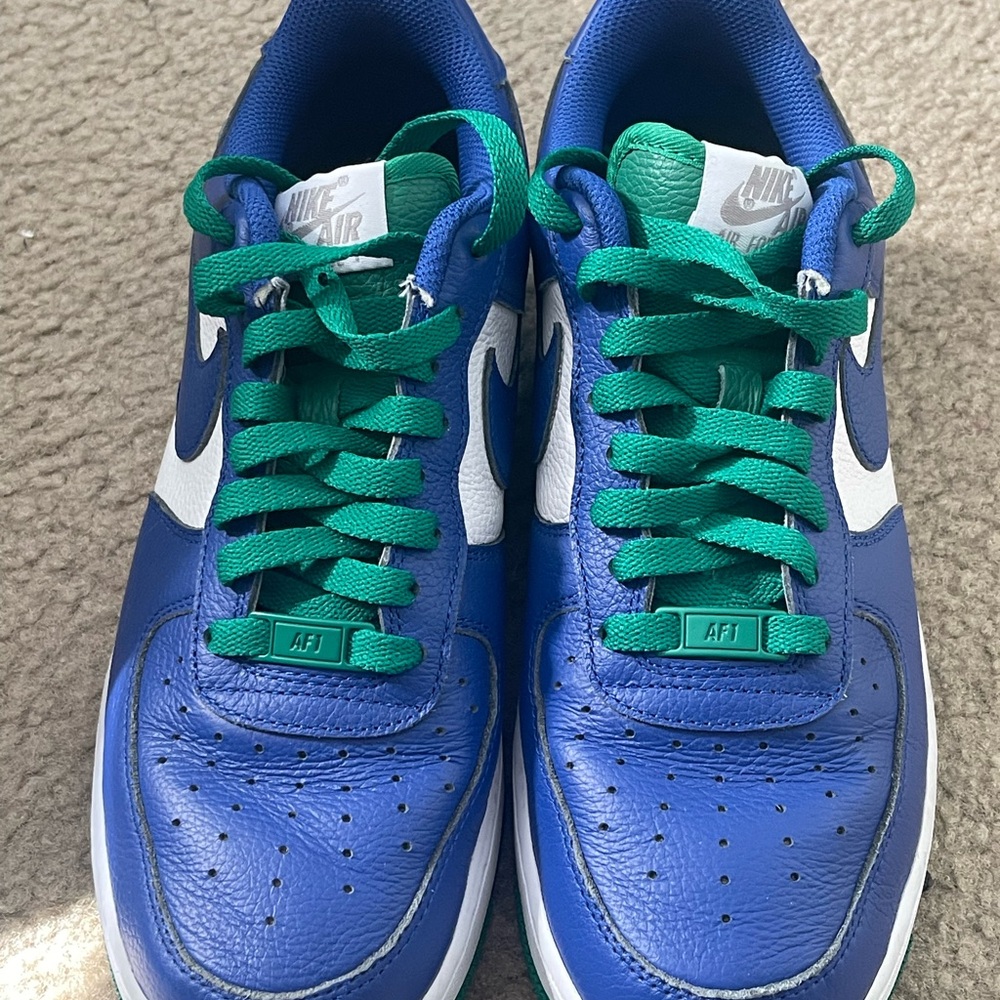 Custom Nike Air Force Ones.  Blue with Green Accents.